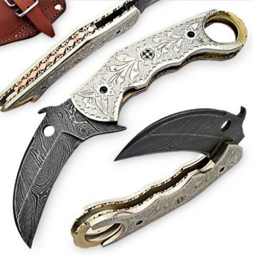 Damascus handmade folding knife beautiful structure with free leather sheath